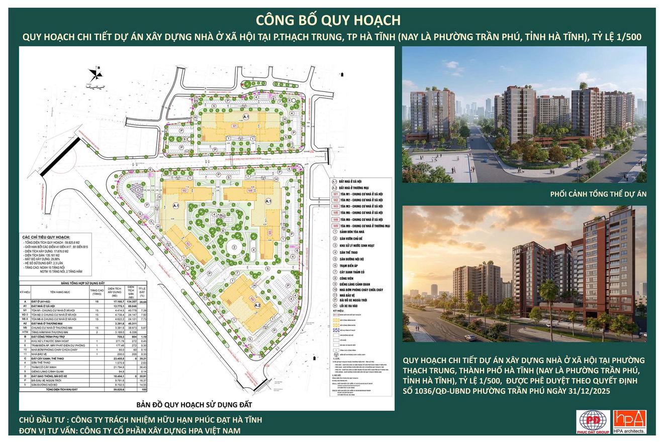 Hà Tĩnh công bố quy hoạch chi tiết dự án nhà ở xã hội tại phường Trần Phú