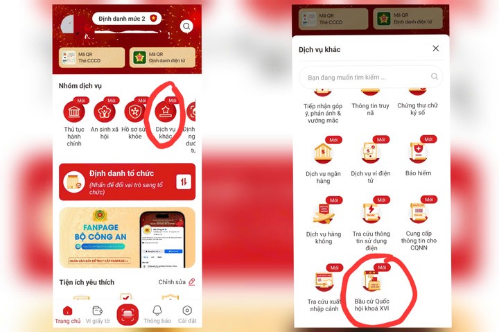 Tính năng Bầu cử Quốc hội khóa XVI hiển thị trên ứng dụng VNeID. (Ảnh: Minh Hoàn)