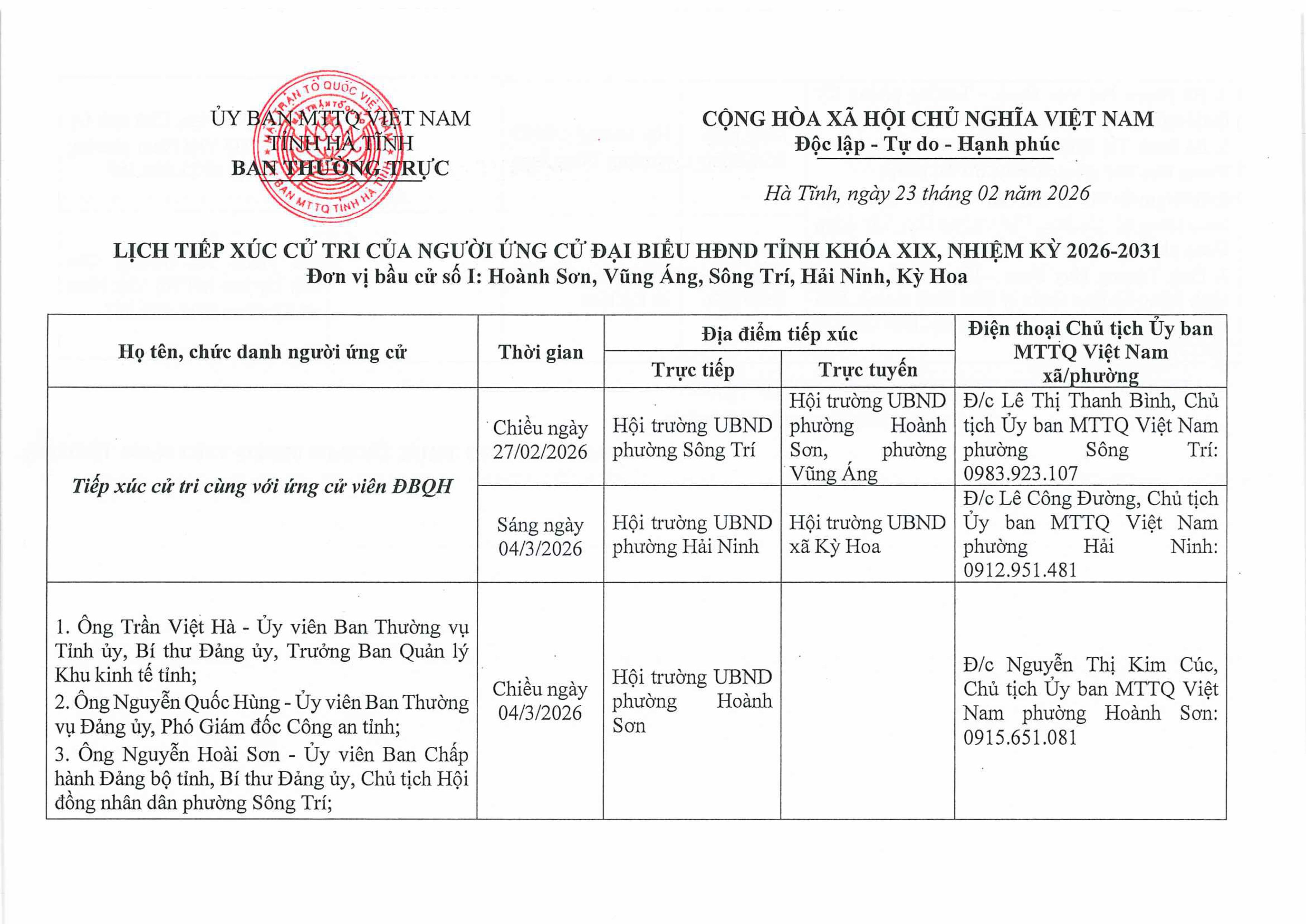 Lịch tiếp xúc cử tri của người ứng cử đại biểu HĐND tỉnh khóa XIX, nhiệm kỳ 2026–2031