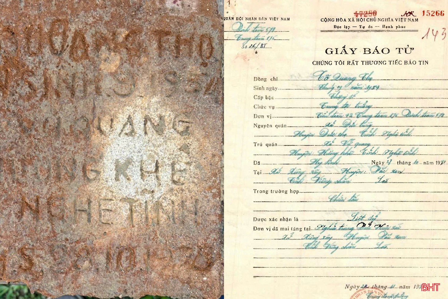Thông tin trên tấm bia mộ tìm thấy tại Lào (bên trái) được xác định trùng khớp với thông tin trên giấy báo tử của liệt sĩ Tô Quang Thọ (bên phải). bqbht_br_1-6273.jpg