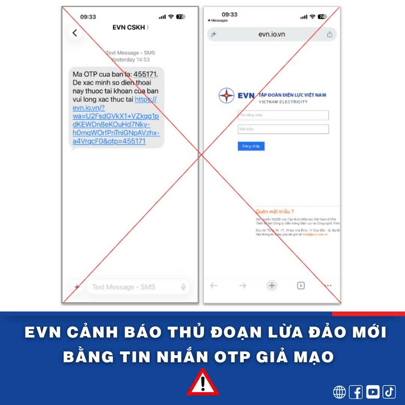 EVN cảnh báo tin nhắn OTP giả mạo nhằm đánh cắp thông tin khách hàng