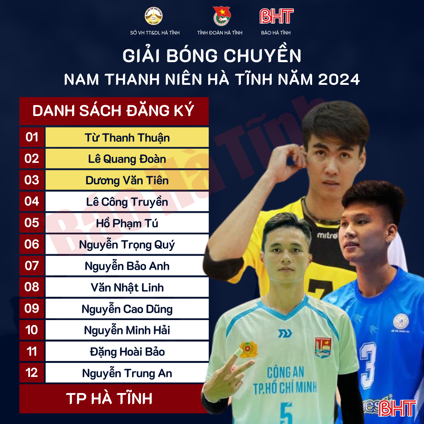 Danh sách cầu thủ 16 đội tham dự Giải Bóng chuyền nam thanh niên Hà Tĩnh