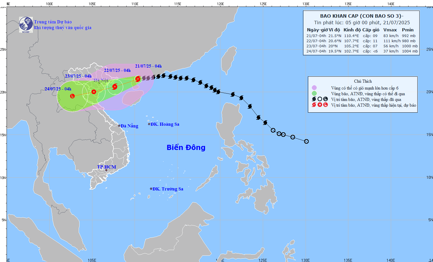 Bão số 3 giật cấp 11, cách Quảng Ninh - Hải Phòng khoảng 275km