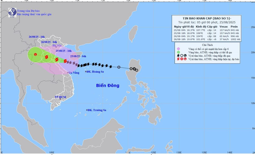 Bão số 5 giật cấp 17, cách Hà Tĩnh khoảng 145 km