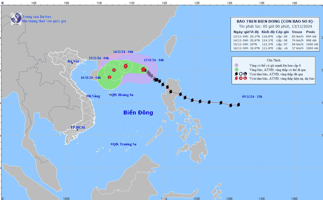 Bão số 8 giật cấp 11, di chuyển theo hướng Tây Tây Bắc