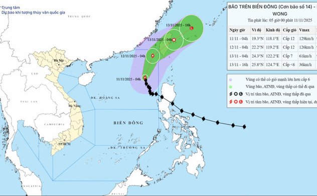 Bão số 14 duy trì gió giật cấp 15 