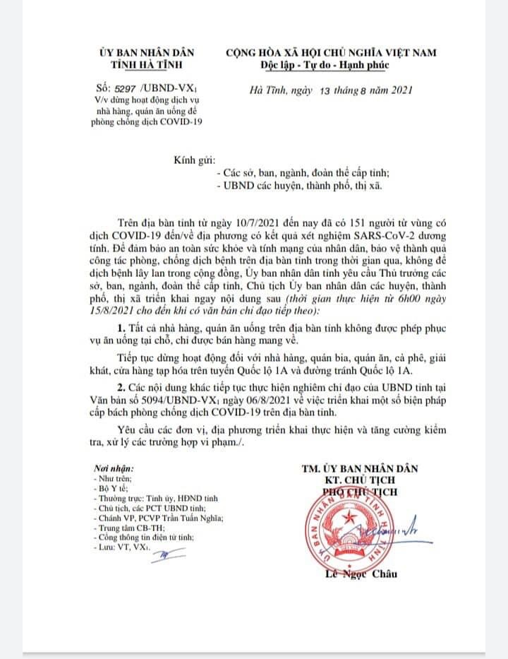 Từ 6h ngày 15/8, tất cả nhà hàng, quán ăn uống ở Hà Tĩnh không phục vụ tại chỗ, chỉ bán mang về