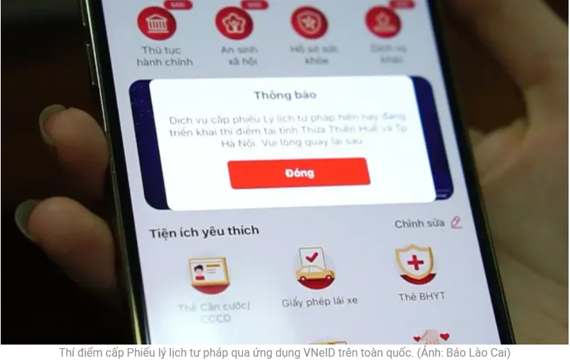 Thí điểm cấp Phiếu lý lịch tư pháp trên ứng dụng VNeID