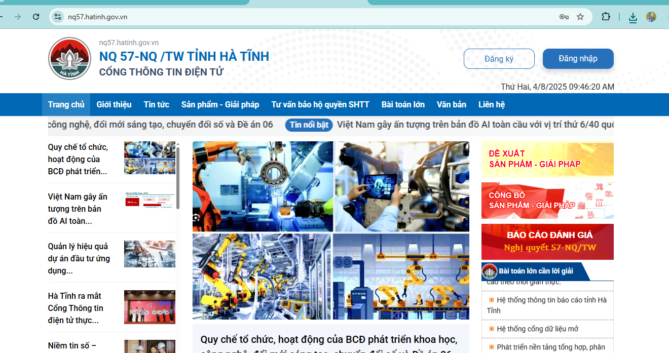 Cổng Thông tin điện tử thực hiện Nghị quyết số 57-NQ/TW tỉnh Hà Tĩnh - không gian số hoá - cầu nối giữa chính quyền, doanh nghiệp và người dân trên địa bàn tỉnh