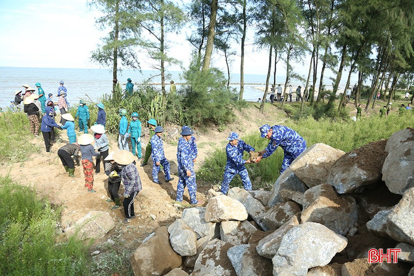 Hơn 400 người dân Đan Hải ra quân gia cố kè biển ứng phó bão số 5